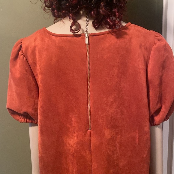 Beautiful faux suede Dress with puff shoulders, color is SPICE. BNWT,  SIZE 12. - Picture 7 of 16